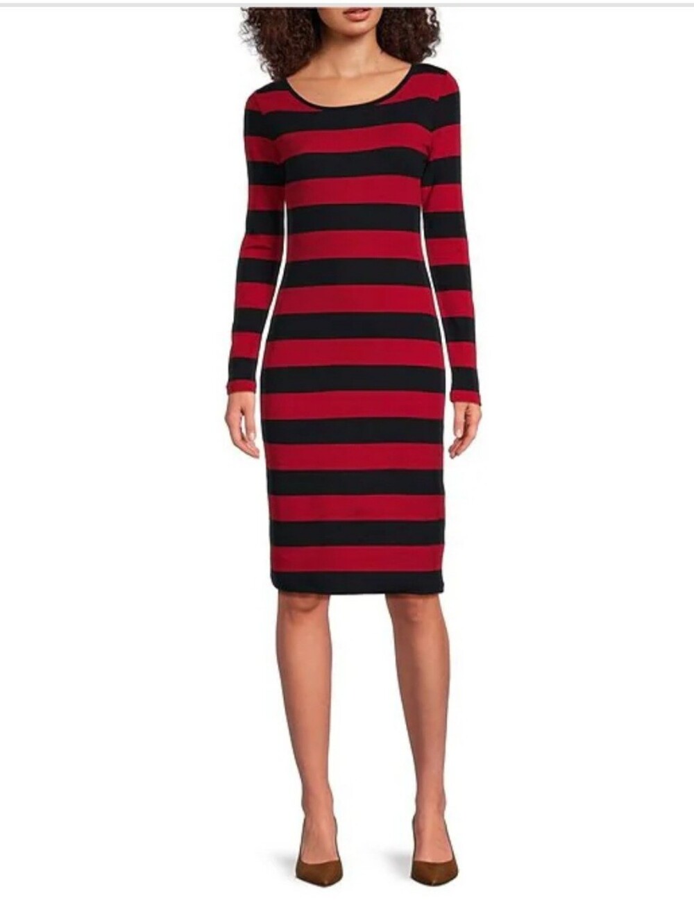 Ralph Lauren Red and BlackRibbed Knit  Striped Long-Sleeve Midi Dress Size L NWT
